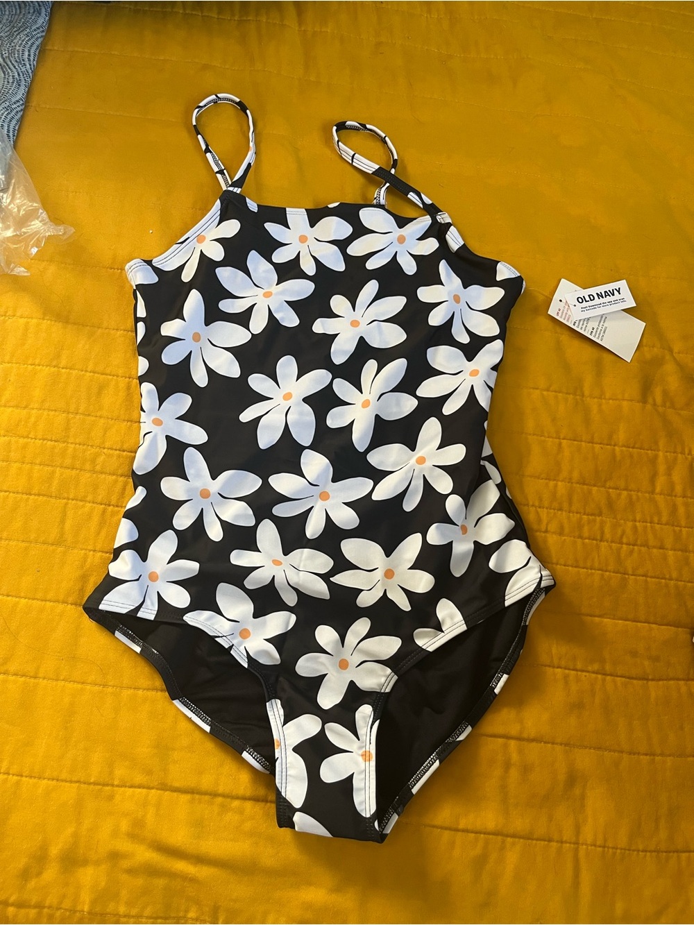 Old Navy Black One-Piece Swimsuit with White Daisy Print